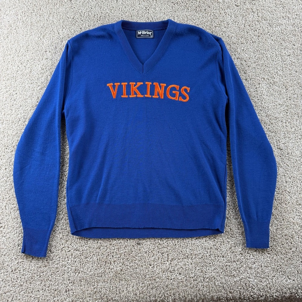 Vintage McBriar Sweater Mens Small Blue V Neck Knit Pullover Vikings Sports